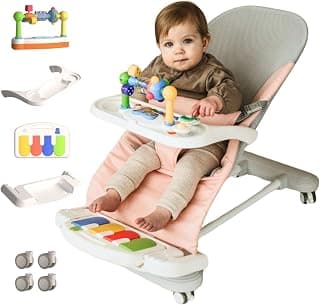 Cuddo Baby Bouncer 4-in-1 |Pianos, Feeding Tray, Play Bar, Wheels| Pink | Grow with Baby, Breathable Mesh, 3-Level Recline Foldable Seat, for Infant to Toddler, Girl Gift Idea