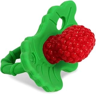 RaZbaby RaZberry Silicone Baby Teether Toy - Berrybumps Soothe Babies Sore Gums - Infant Teething Toy - Hands Free Design - BPA Free - Easy-to-Hold Design - Teething Relief Pacifier - Fruit Shape/Red