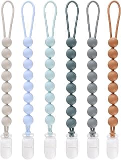 6-Pack Silicone Pacifier Clips for Baby Boys and Girls - One-Piece Beads, Rust-Free Holders, Teething Relief, Baby Necessities, Newborn Safe Baby Essentials