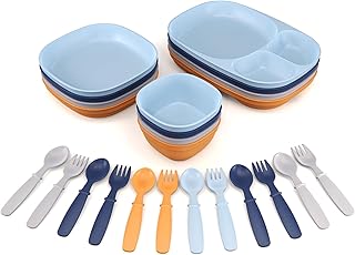 MightyMoe Toddler Dinnerware Set, 24pc Plates Trays & Bowls - Made in USA, Microwave and Dishwasher Safe, BPA Free, Shatter Resistant, Sunset Color, Toddler Tableware