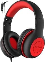 Portable Wired Headphone with Shareport, Stereo Sound, Foldable Headset for School/Toddler/Tablet/iPad/Kindle, Black Red