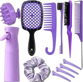 12 Pcs Hair Brush Set with Continuous Hair Spray Bottle for Women, Rat Tail Combs for Toddlers, Soft Scalp Massager, Detangling Hairbrush for Wet Dry Curly Hair (purple)
