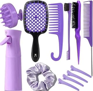 12 Pcs Hair Brush Set with Continuous Hair Spray Bottle for Women, Rat Tail Combs for Toddlers, Soft Scalp Massager, Detangling Hairbrush for Wet Dry Curly Hair (purple)