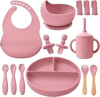 Trending on Amazon: LITTLE RAWR Silicone Baby Feeding Set 14 Pcs,Baby Led Weaning Supplies, Baby Spoons Suction Bowl Divided Plate Bib Cup Finger Brush,First Stage Solid Food Eating Utensils - 6+ Months(Deep Red)