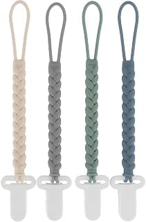 4-Pack Silicone Pacifier Clips with a Woven Rope Shape for Baby Boys and Girls - Flexible and Rust-Free Holders for Teething Relief and Baby Essentials, Safe for Newborns (Grey)