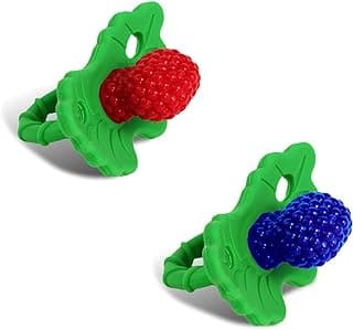 RaZbaby RaZberry Silicone Teether Pacifier – Teething Relief for Infants, Food-Grade, BPA-Free, Hands-Free, Natural Berrybumps Fruit Texture for Sensory Development, Freezable, 2-Pack - Red & Blue
