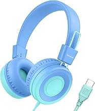 Bywulanda USB Type C Kids Headphone for School, 94dB Safe Volume Limited, Foldable Stereo Sound Tangle-Free Type C Cord, On-Ear Headphones for Boys/Girls/Students/Tablet/Travel(Gradient Blue)