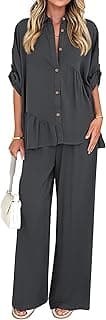Two Piece Sets for Women Spring Outfits 2026 Summer Dressy Casual Button Down Shirt Wide Leg Pants Lounge Set