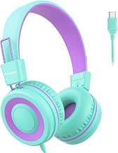Cowyawn USB Type C Kids Headphones for School, Wired Toddler Headphones, 94dB Volume Limited, HD Stereo Sound, Foldable Lightweight On-Ear Wired Headphones for Kids/Children/Teens/Boys (Purple Green)