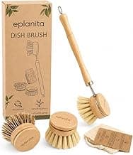 eplanita Natural Dish Brush, 3 Replacement Heads, Kitchen Eco Bamboo Scrubber Brushes, Extra Plant Sponge, Plastic Free Washing Up, Zero Waste Cleaning