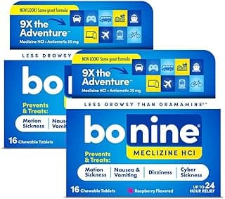 Bonine Non-Drowsy Motion Sickness Relief - 32 Chewable Tablets with Meclizine HCL 25mg - Non Drowsy Medicine for Nausea or Motion Sickness - Cruise Essentials - Raspberry Flavor