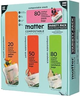 Matter Compostable Resealable Bags, Snack, Sandwich, Quart, Gallon 230 Ct | Resealable Variety Pack of Kitchen Bags, BPA-Free, Made From Plants, Freezer Safe, 80 Snack, 80 Sandwich, 50 Quart, 230 Count