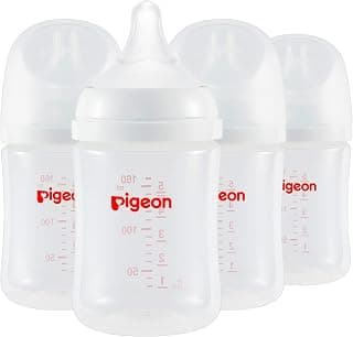 Pigeon PP Nursing Bottle Wide Neck, Anti-Colic, Streamlined Body, Natural Feel, Easy to Clean, 5 Oz (Pack of 4), Includes 4pcs SS Nipples (0m+)