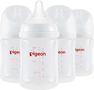 Pigeon PP Nursing Bottle Wide Neck, Anti-Colic, Streamlined Body, Natural Feel, Easy to Clean, 5 Oz (Pack of 4), Includes 4pcs SS Nipples (0m+)