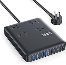 200W Charging Station,12-in-1 USB C Power Strip with Flat Plug and 5ft Extension Cord,4 AC Outlets,4 USB-A,4 USB-C Ports for iPhone 17/16/15,65W PD Fast Laptop Charger for MacBook, Home, Office, Dorm
