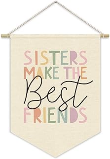 Girls Room Wall Art Decor,Toddler Girl Room Cute Pink Nursery Bedroom Playroom Canvas Banner Decorations,Sisters Make The Best Friends Wall Hanging Pennant Flag Banner