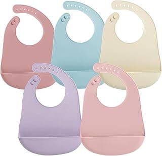 PandaEar 5 Pack Waterproof Silicone Baby Bibs| Super Thin Light Weight Feeding Bib with Food Catcher Pocket for Toddler