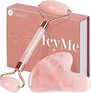 BAIMEI IcyMe Rose Quartz Roller & Gua Sha Set, Cooling Face Roller for Depuffing & Lymphatic Massage, Sculpting Tool for Face, Eyes & Neck, Smooth Skincare Gift for Women and Men
