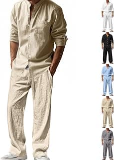 2026 Summer Men's Linen Tracksuit 2 Piece Outfits Casual Long Sleeve Button Down Shirts & Loose Lounge Pants Matching Set
