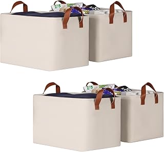 KEEGH Storage Baskets for Organizing, Fabric Storage Bins for Shelves with Leather Handle, Shelf Baskets for Closet Organization Closet Organizer Bins for Clothes, 15" L x 11" W x 10" H, Beige, 4 Pack