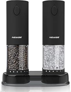 Newise Electric Salt and Pepper Grinder Set, Adjustable Coarseness, Black | Rechargeable Pepper Mills with LED Light, Kitchen Gadgets for Mom Home Cooks & Families