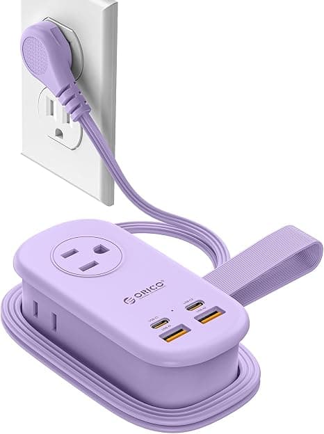 ORICO 65W GaN Travel Power Strip with 7-in-1 Charging Ports (3 AC Outlets/2 USB-A/2 USB-C), Flat Plug and 4FT Extension Cord, Fast Charger for MacBook Pro/Air, iPad Pro, iPhone 17/16/15- AP3