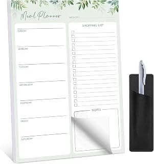 Thboxes 60 Sheets Magnetic Meal Planner for Fridge, Pen Holder, Green Leaf | Grocery List Pad, Undated Weekly Layout, Tear-Off Shopping List, 7 x 10 In, for Kitchen, Meal Prep, Families, Mums, Home