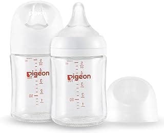 Pigeon Glass Nursing Bottle Wide Neck, Anti-Colic, Streamlined Body, Natural Feel, Easy to Clean, Heat-Resistant, 5.4 Oz (Pack of 2), Includes 2pcs SS Nipples (0m+)