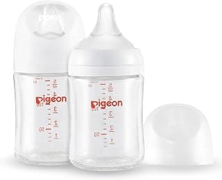 Pigeon Glass Nursing Bottle Wide Neck, Anti-Colic, Streamlined Body, Natural Feel, Easy to Clean, Heat-Resistant, 5.4 Oz (Pack of 2), Includes 2pcs SS Nipples (0m+)