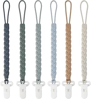 6-Pack Silicone Pacifier Clips with a Woven Rope Shape for Baby Boys and Girls - Flexible and Rust-Free Holders for Teething Relief and Baby Essentials, Safe for Newborns (Grey)