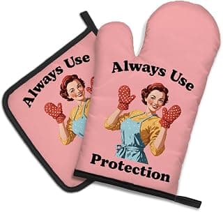 DYJYBMY Always Use Protection Funny Oven Mitts and Pot Holder Set, Retro Housewife Kitchen Gadgets for Women, Baking Gifts for Bake Lover Chef Friend, Hostess Gifts for Mom Wife Aunt Sister BFF