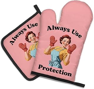 DYJYBMY Always Use Protection Funny Oven Mitts and Pot Holder Set, Retro Housewife Kitchen Gadgets for Women, Baking Gifts for Bake Lover Chef Friend, Hostess Gifts for Mom Wife Aunt Sister BFF