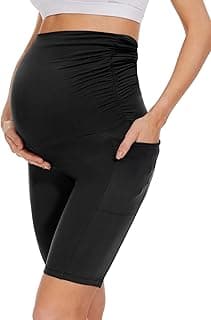 Happy.angel Maternity Biker Shorts with Pockets, Over The Belly Pregnancy Yoga Shorts for Workout Running Lounge
