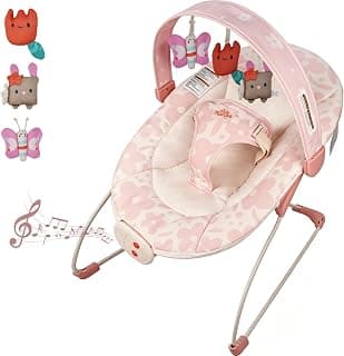Tiny Marvels Baby Bouncer, Baby Bouncer Seat with Music for 0-6M, 20lbs | Soothing vibration, sensory toys, 3-point safety harness, machine washable seat, melodies 0–6 months, baby girl