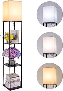 Gupuzm Floor Lamp with Shelves, Modern Square Standing Lamp with 3 Color Temperature Bulb, Corner Display Bookshelf Lamp for Living Room, Bedroom and Office (Black)