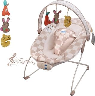 Baby Bouncer – Baby Bouncer seat, Infants Bouncy Seat with Music & Sensory Toys, Compact & Machine Washable Seat Pad Indoor Infant Seat, Ideal for Newborns 0-6 Months, Max Weight 20lbs (Sand Checker)