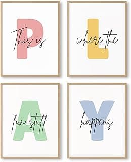 Kids Playroom Wall Art Decor Play Room Poster Baby Boy Kids Nursery Canvas Wall Decor Toddler Children Playroom Print Artwork Let's Play Sign Pictures for Bedroom 8x10 Inch Set of 4 UNFRAMED