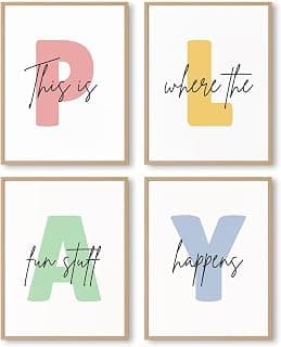 Kids Playroom Wall Art Decor Play Room Poster Baby Boy Kids Nursery Canvas Wall Decor Toddler Children Playroom Print Artwork Let's Play Sign Pictures for Bedroom 8x10 Inch Set of 4 UNFRAMED