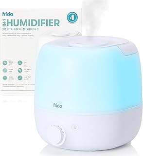 Frida Baby 3-in-1 Cool Mist Humidifier for Large Rooms, Top Fill Humidifier for Bedroom, Allergy Relief, 60 Hour Runtime + Nightlight, Auto Shut-Off, Quiet, Carry Handle, Essential Oil Diffuser