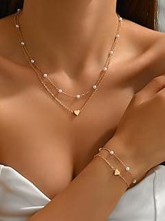 Gold Heart Pearl Layered Necklace and Bracelet Set for Women, Dainty Double Layer Chain Jewelry, Elegant Pearl Beaded Choker and Bracelet Set, Fashion Layered Jewelry Gift for Her