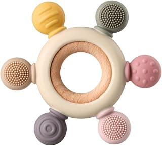 Baby Teething Toys, Silicone Chewable Toys with Organic Wooden Ring for Infants 3+ Months, Silicone Teething Toys for Soothing Sore Gums, Sucking Needs (6 Directions, Khaki)