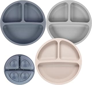 Eascrozn Toddler Plates, 3 Pack Divided Baby Plates with Suction, Food Grade Silicone Baby Led Weaning Supplies, BPA Free, Non-Slip, Microwave and Dishwasher Safe