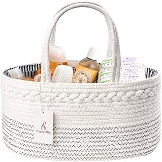 luxury little Diaper Caddy Organizer, Large Cotton Rope Nursery Baby Basket, Changing Table Organizer for Baby Diaper Storage, Portable Car Organizer Removable Divider (Off White, Large)