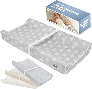 Jool Baby Serenity Soft Changing Pad + Washable Cover, Non-Slip - Fits Standard Changing Tables & Dressers (Cloud Pattern, Gray) | Makes Changing Time Easier With Contoured Sides & Safety Strap – Includes Machine Washable Zip-Off Cover for Easy Cleaning