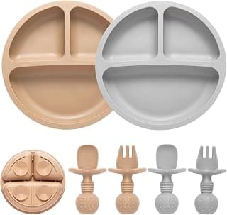 Eascrozn Silicone Baby Feeding Set, 2 Pack Divided Baby Plates with Suction, 2 Pack Spoons and Forks Set, BPA Free, Baby Led Weaning Supplies for Toddler Utensils Baby Feeding Essentials
