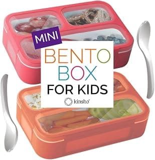 kinsho Small Snack Box Container for Kids Toddlers, Set of 2 (Pink + Coral) | 3 Compartments, Leak-Proof, Spill Proof, BPA-Free Reusable Small Mini Bento Lunch Box for Daycare School Travel, Holds 2 Cups
