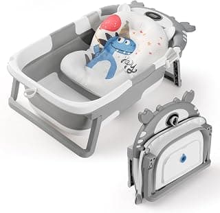 Baby Bathtub,Collapsible Baby Bath Tub with Thermometer & Soft Floating Cushion,Portable Travel Baby Bathtubs for Newborns to Toddlers 0-36 Months(Crab Gray)