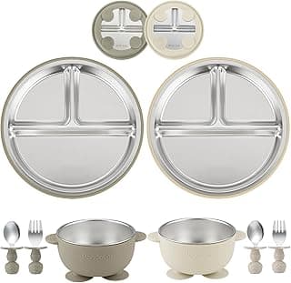 PandaEar 8PCS Baby Feeding Set | Stainless Steel Suction Plates and Bowls with Silicone Fork and Spoon Utensils | Baby Led Weaning Tableware for Toddlers & Kids (Tan & Walnut)