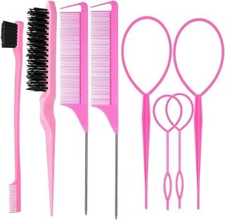 ZVOREI 8Pcs Hair Brushes Set wit, Pink 4Pcs Topsy Hair Tail Tools | 1Pcs Bristle Teasing Hair Brush 1Pcs Edge Control Brush 2Pcs Metal Pin Rat Tail Combs for Woman Girl Hair Styling