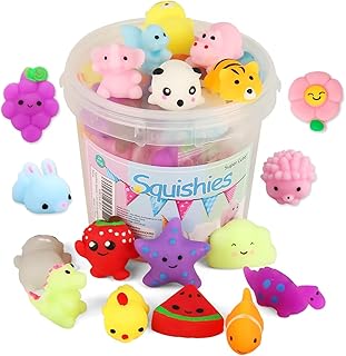 _SKIP_KINGYAO Squishies Squishy Toy 24pcs Party Favors for Kids Mochi Squishy Toy moji Kids Mini Kawaii squishies Mochi Stress Reliever Anxiety Toys Easter Basket Stuffers fillers with Storage Box